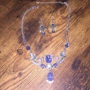 3 pc set earrings necklace blue rhinestones